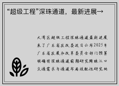 “超级工程”深珠通道，最新进展→