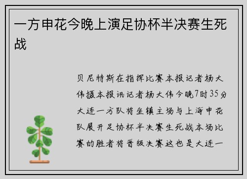 一方申花今晚上演足协杯半决赛生死战